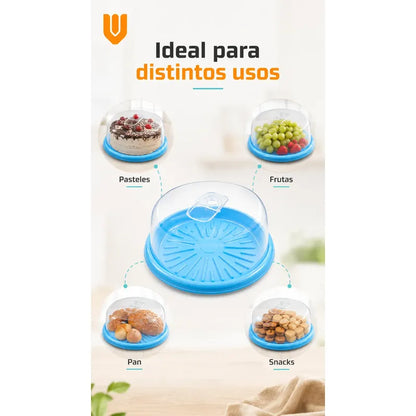 Base Tortas Bandejas Porta Cupcakes Soporte Dulces Azul Transparente Tapa Cristalina Asa Transparente Acabado Brillante Diseño Neutro Elegante Cocina Hogares Pequeño