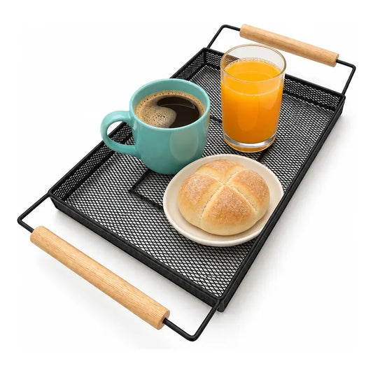 Bandeja Rectangular Metal Negro Asas Madera Desayuno 44cm Negro Bandeja Rectangular Malla Metal Asas Madera Base Calada Borde Elevado Servicio Desayuno Once Café Cocina Comedor 44cm-color Negro