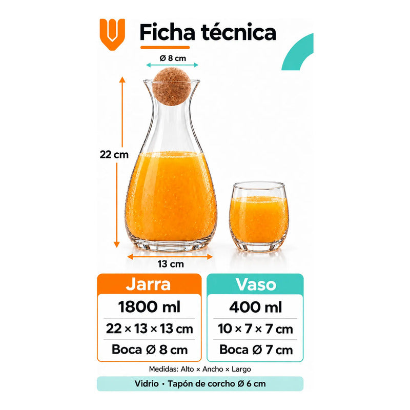 Jarra Vidrio 1800ml Jugo Tapa Corcho 6 Vasos 400 Ml Transparente Jarra Agua Jugo Vidrio Transparente Vasos Curvos Set 1800 Ml 400 Ml Tapón Bola Corcho Cocina Comedor 1800ml