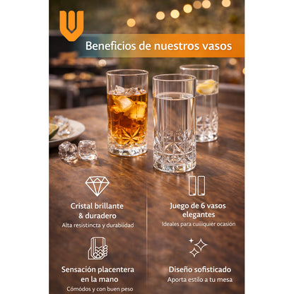 Set 6 Vaso Diamante Cristal 370ml Bebidas Bar Coctel Premium Vaso Diamante Vidrio Transparente 370ml Bebidas Cocteles Cerveza Jugos Bar Mesa Hogar Estilo Elegante Cristal Tallado