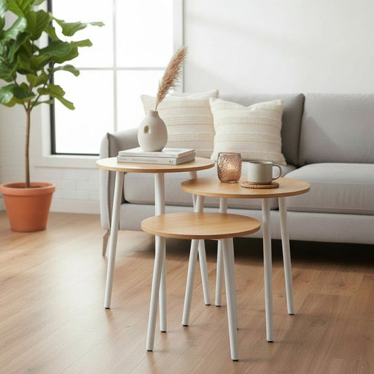 Set 3 Mesas Centro Redondas Bambu Estilo Minimalista Hogar Bambú