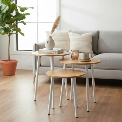 Set 3 Mesas Centro Redondas Bambu Living Minimalista Moderno Bambú