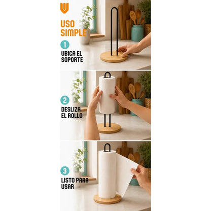 Soporte Toalla Nova Porta Rollo Toallas Papel Vertical Porta Toalla Nova Portarrollos Cocina Papel Absorbente Madera Metal Negro Vertical Sobremesa Base Circular