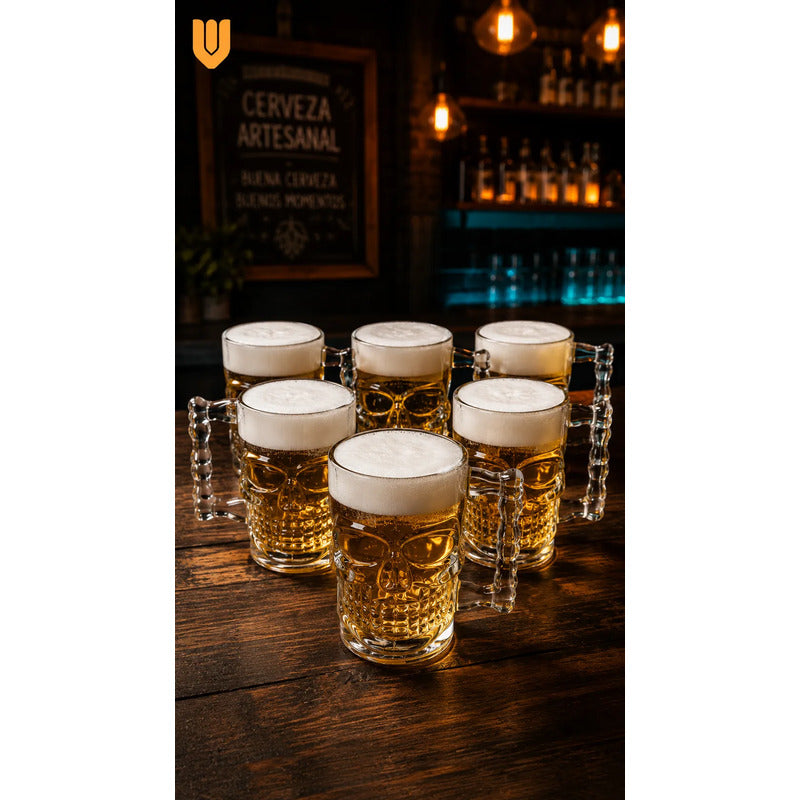 12 Vasos Cerveceros Calavera Vidrio Shopero Premium Bar Transparente