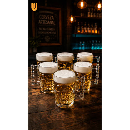 12 Vasos Cerveceros Calavera Vidrio Shopero Premium Bar Transparente