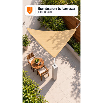 Toldo Vela Triangular Lona Tipo Yute 110x300 Cm 3 Cuerdas Beige Arena Claro Dorado Suave Tonalidad Cálida Bordes Costuras Al Tono Cintas Cuerdas Blancas Argollas Plateadas 110x300 Cm