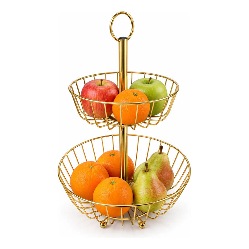 Frutero Mesa Hierro Dorado 2 Niveles 43cm Canasto Cestas Dorado Frutero Doble Dorado Dos Niveles Cestas Circulares Abiertas Soporte Central Argolla Superior Alto 43cm Diseño 43x28
