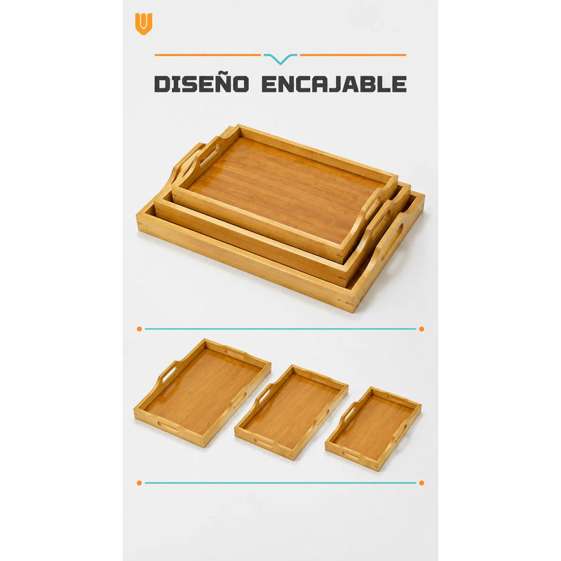 Set 3 Bandejas Asas Bambú Desayuno Servir Rectangulares Set 3 Bandejas Asas Rectangulares Asas Laterales Bordes Diseño Calado Apilables Servicio Hogar Cocina Set 3 Bandejas Asas Bambú