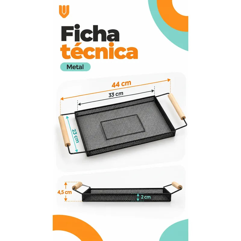 Bandeja Rectangular Metal Negro Asas Madera Desayuno 44cm Negro Bandeja Rectangular Malla Metal Asas Madera Base Calada Borde Elevado Servicio Desayuno Once Café Cocina Comedor 44cm-color Negro