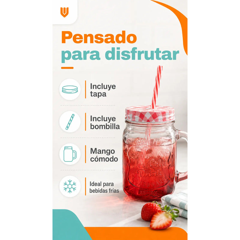 8 Vasos Vidrio Bombilla Tapa 400 Ml Cócteles Jugos Té Multicolor