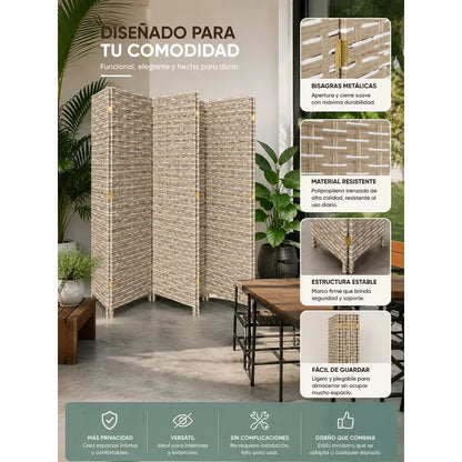 Biombo Separador Plegable Living Dormitorio Oficina 180 Cm Tejido Geométrico Trenzado Natural Líneas Horizontales Paneles Plegables Decoración Moderna Interior Elegante Premium Beige Arena Gris...