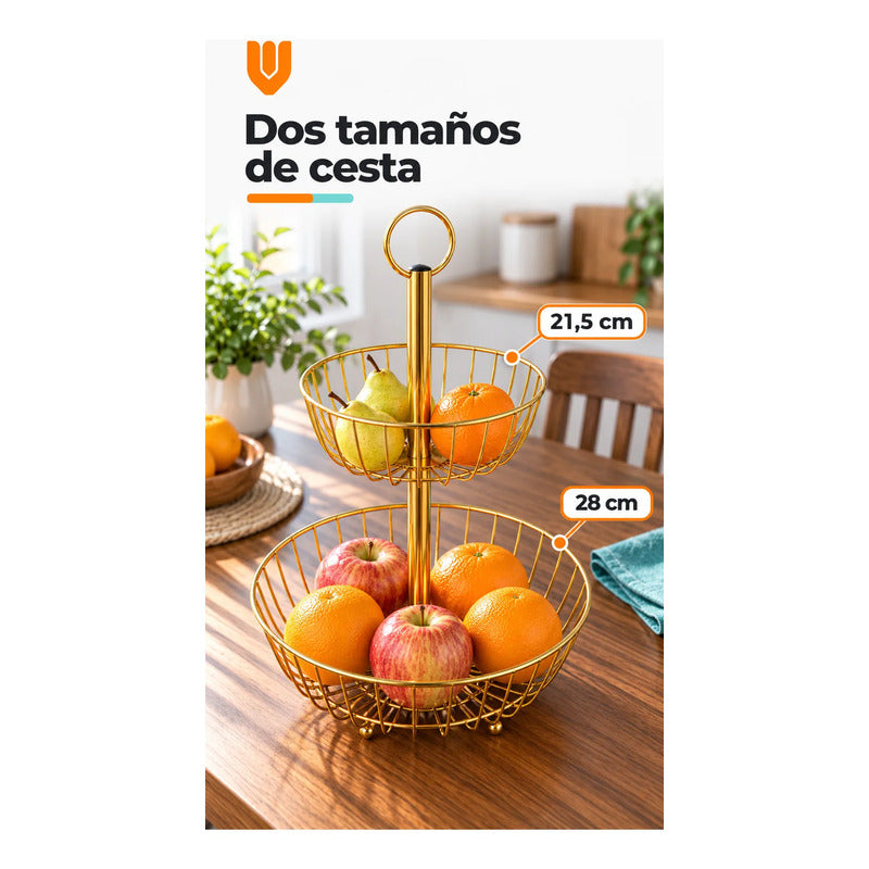 Frutero Mesa Hierro Dorado 2 Niveles 43cm Canasto Cestas Dorado Frutero Doble Dorado Dos Niveles Cestas Circulares Abiertas Soporte Central Argolla Superior Alto 43cm Diseño 43x28