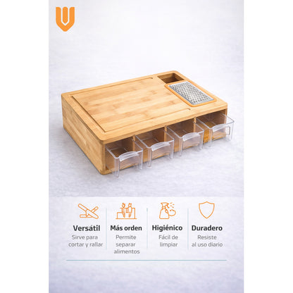 Tabla De Picar Vitrineon Bambu 40x27cm 4 Contenedores Liso Bambú