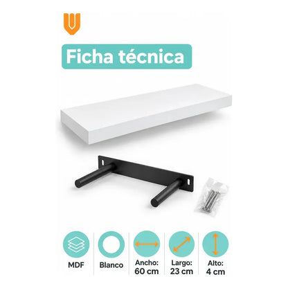 Repisa Flotante Rectangular 60cm Mdf Blanca Estante Pared Blanco Repisa Flotante Blanca Mdf Estante Mural Soporte Oculto Decoración Organización Hogar Dormitorio Living Oficina 60cm