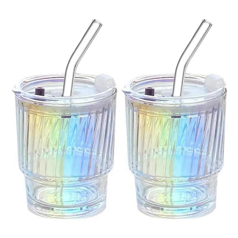 X2 Vaso De Vidrio Con Bombilla Hermetico Vaso Tornasol Taza Tornasol