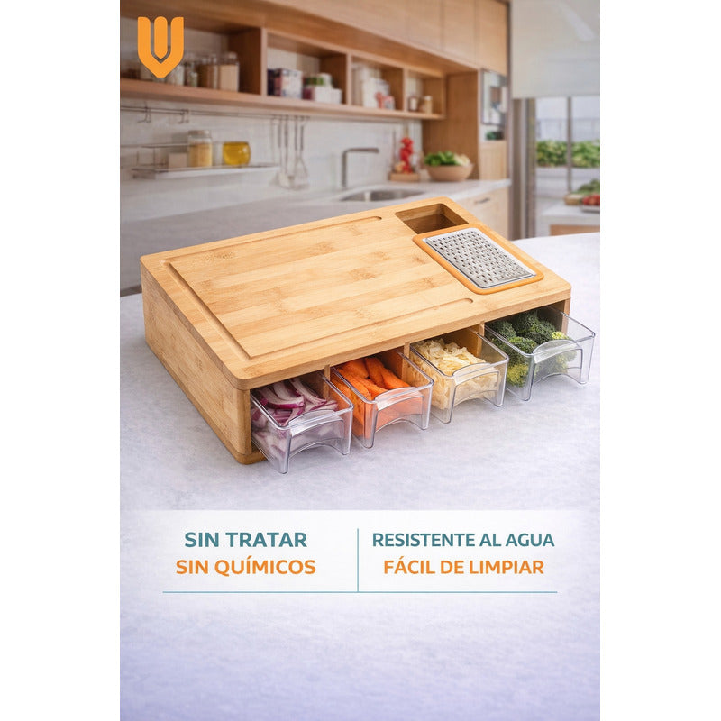 Tabla De Picar Vitrineon Bambu 40x27cm 4 Contenedores Liso Bambú