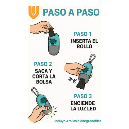 Dispensador Bolsas Mascota Linterna Led Paseos Nocturnos