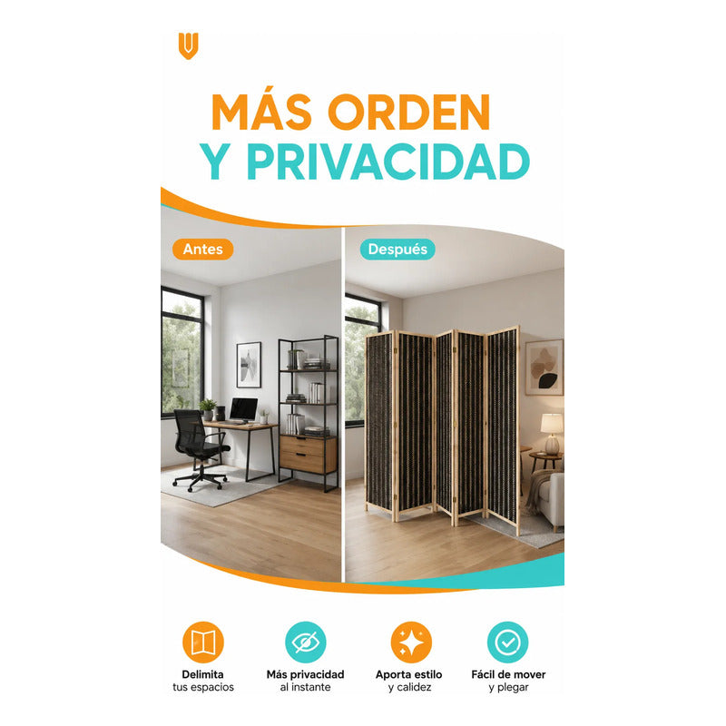 Biombo Separador Ambiente Madera Ratan 4 Paneles 180cm Biombo Ratán Negro Beige 4 Paneles Biombo Ratan Plegable 4 Paneles 180... 180cm
