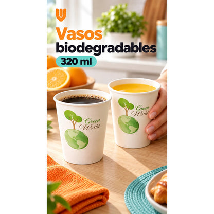 20und Vasos Carton Desechables 320ml Cafe Compostables Jugo Blanco Desechables Biodegradables 320 Ml 20 Unidades Blanco Estampado Verde Árbol Globo Terráqueo Apilables 20und-320ml