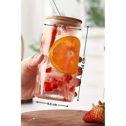 X4 Vaso Lata De Vidrio Con Bombilla Tapa De Bambu 480ml