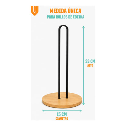 Soporte Toalla Nova Porta Rollo Toallas Papel Vertical Porta Toalla Nova Portarrollos Cocina Papel Absorbente Madera Metal Negro Vertical Sobremesa Base Circular
