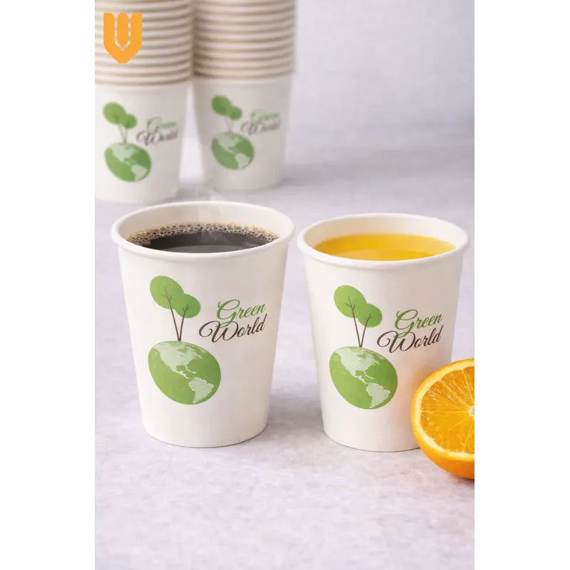 Vasos Desechable Compostables Biodegradable Café Jugo Agua X50 Unidades Blanco Verde Natural Eco Biodegradable Sustentable Diseño Limpio Consumo Responsable Cafeteria Bebidas