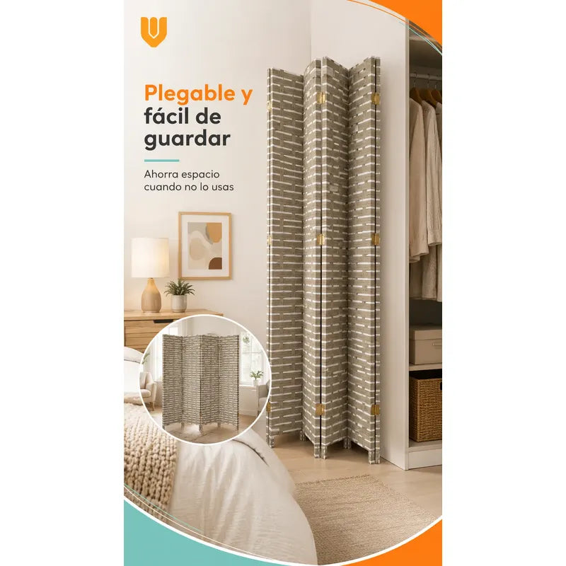 Biombo Separador Plegable Living Dormitorio Oficina 180 Cm Tejido Geométrico Trenzado Natural Líneas Horizontales Paneles Plegables Decoración Moderna Interior Elegante Premium Beige Arena Gris...