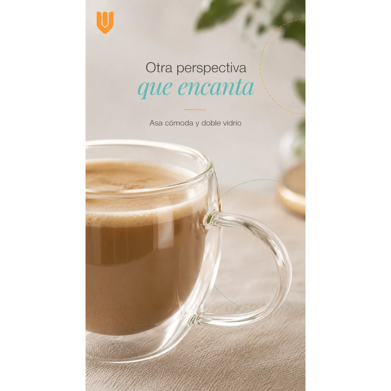Taza Café Té Bebidas Calientes Espresso Frio Doble Pared Redondeado Doble Pared Cuerpo Curvo Asa Ergonómica Boca Circular Base Estable Estilo Moderno Individual Hogar Uso Transparente Cristal...