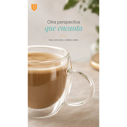 Taza Café Té Bebidas Calientes Espresso Frio Doble Pared Redondeado Doble Pared Cuerpo Curvo Asa Ergonómica Boca Circular Base Estable Estilo Moderno Individual Hogar Uso Transparente Cristal...