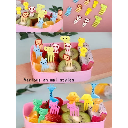 Set De 10 Mini Tenedores Pinchos Animales Lonchera Niños Mango Colores