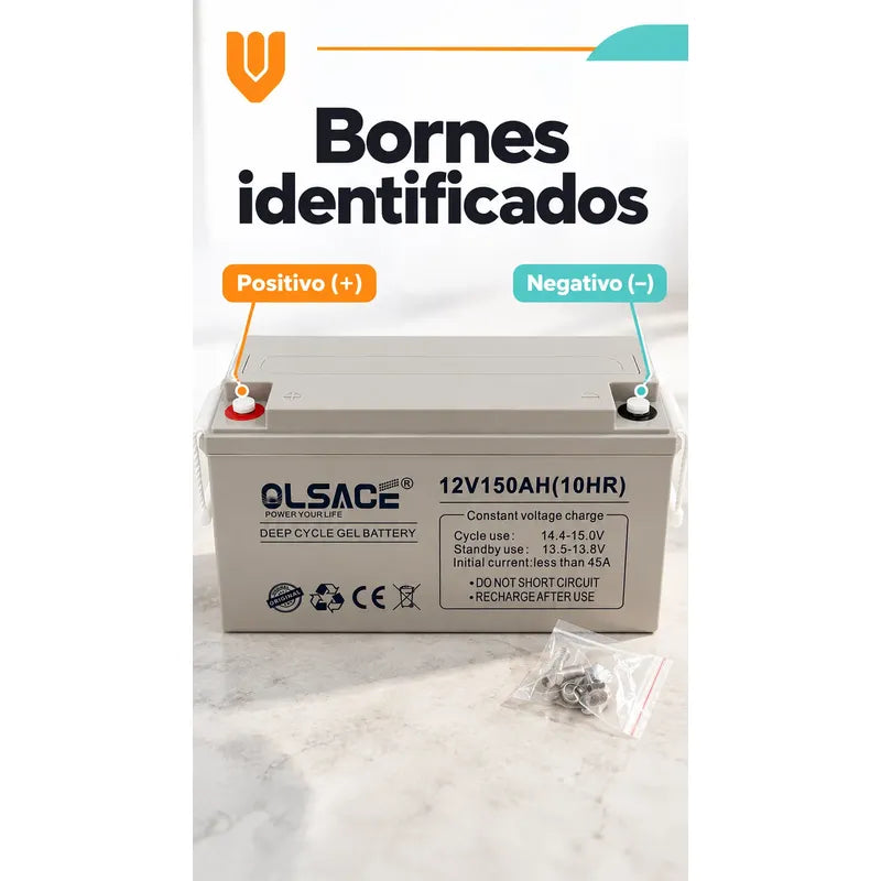 Bateria Gel 12v 150 Ah Ciclo Profundo Solar Repuesto Gris Batería Gel Solar Ciclo Profundo 12v 150ah Olsace Repuesto Recargable Respaldo Doméstico Energía Tornillos