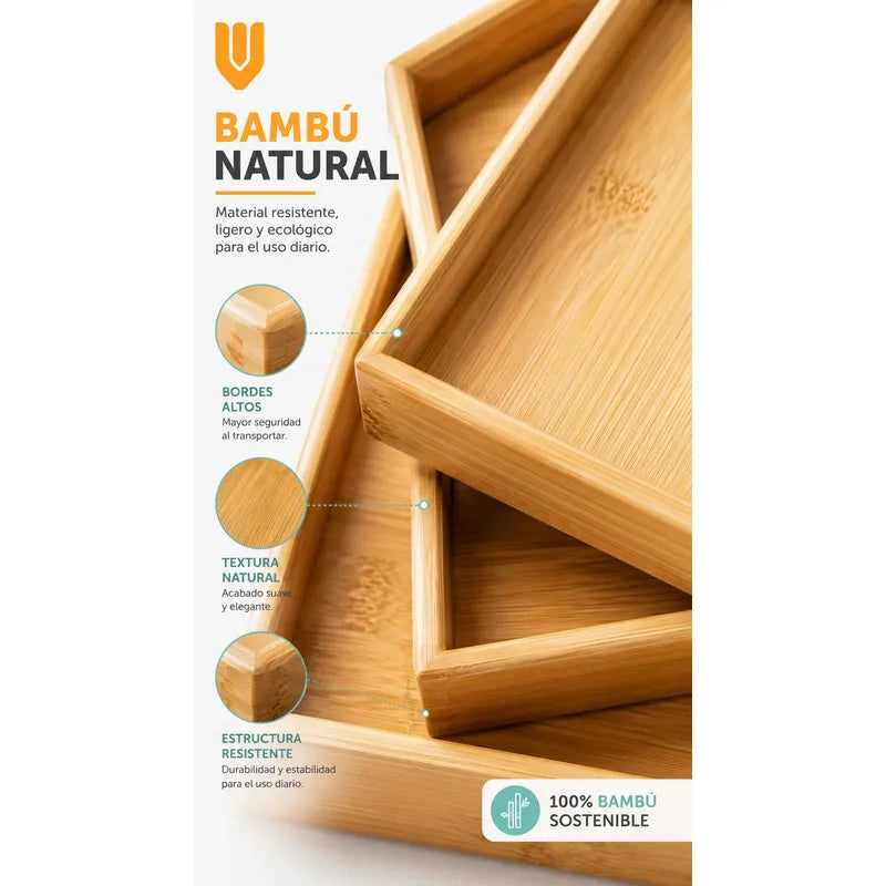 3 Bandejas Bambu Desayuno Rectangulares Multiuso Cocina Marron Bambú Natural Madera Clara Elegante Nordico Artesanal Gourmet Calido Minimalista Cocina Premium