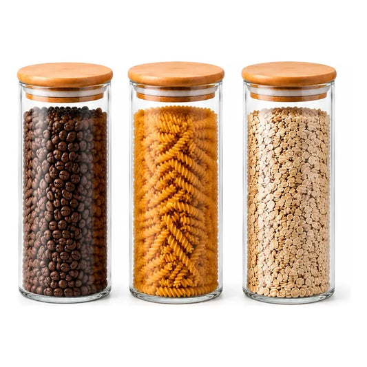 Frasco Vidrio Hermetico Bambu Conservero Hogar Cocina 500 Ml 3 Unidades Transparente Natural Bambú Cristal Claro Minimalista Cocina Gourmet Organizacion Moderna Elegante Premium