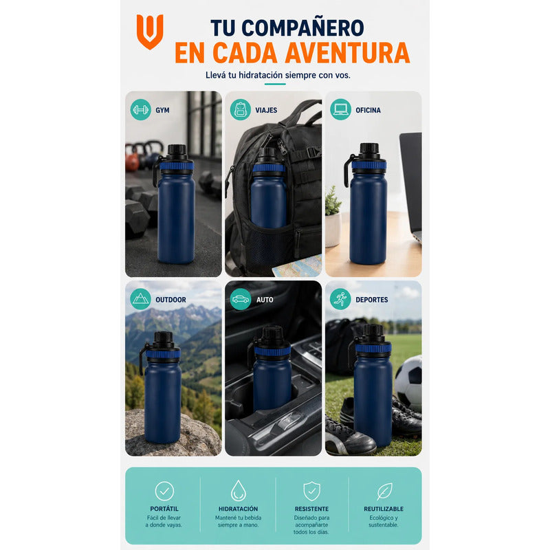 Termo Botella Acero Inoxidable Agua Café Té Caliente Camping Azul