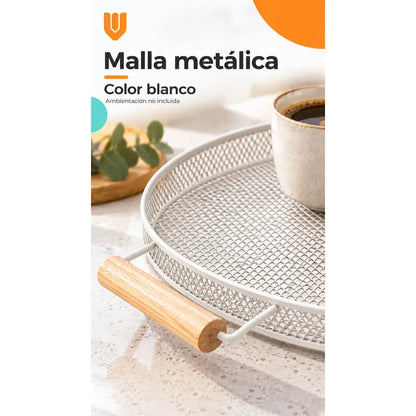 Bandeja Circular Metal Blanco Asas Madera Desayuno 28cm Blanco Bandeja Circular Redonda Malla Metal Asas Madera Base Calada Borde Bajo Servicio Desayuno Once Café Té Cocina 28cm