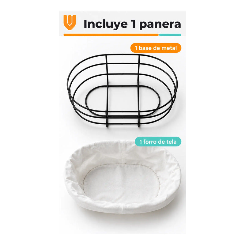 Panera Canasto Tela Ovalada 29cm Base Metal Servir Pan Blanco Panera Ovalada Canasta Pan Tela Metal Negro Borde Plegado Base... 29cm