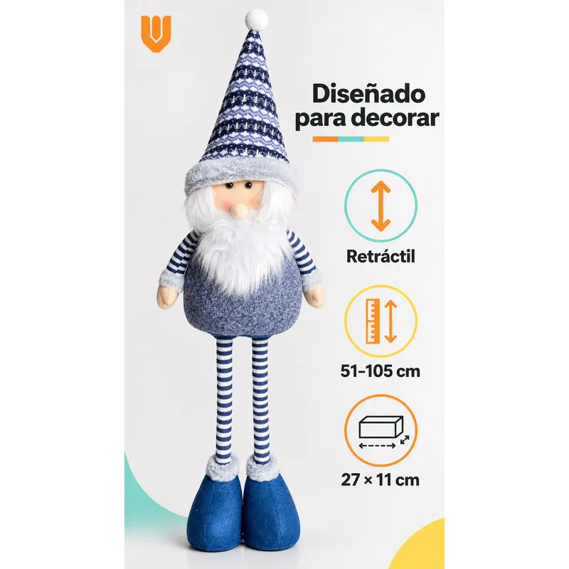 Muñeco Pascuero Navideño 105cm Retraible Decorativo Figura Blanco Pascuero Azul Muñeco Navideño Retráctil Patas Rayadas Altura Ajustable Gorro Nórdico Barba Blanca Decoración 105cm Pascuero Retraible