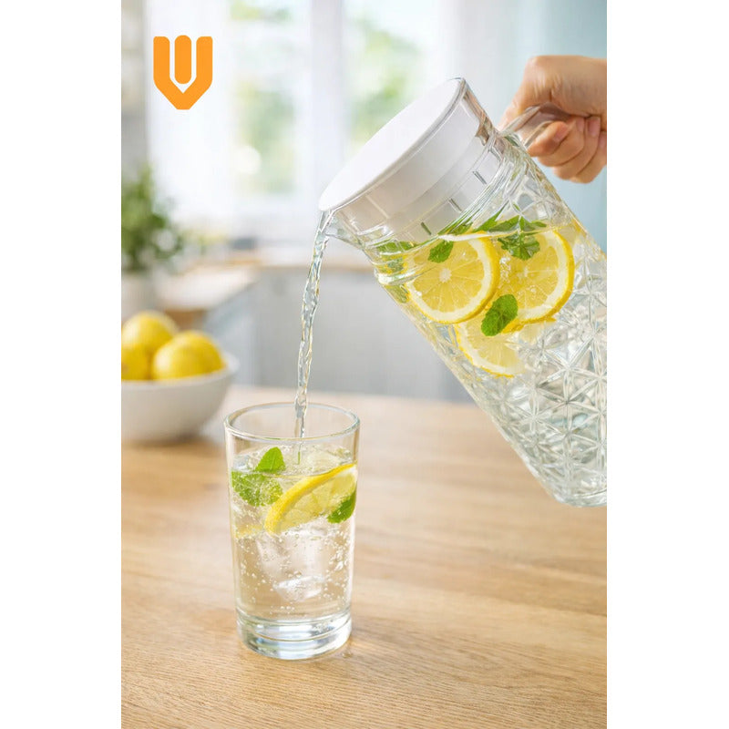 Jarra Vidrio Vintage Tapa Asa Vidrio Resistente Agua Jugo Transparente Diamante Batidos Bebidas Frías Cocina Mesa Hogar Servicio Diario Diseño Clásico Uso Familiar Capacidad Ampl