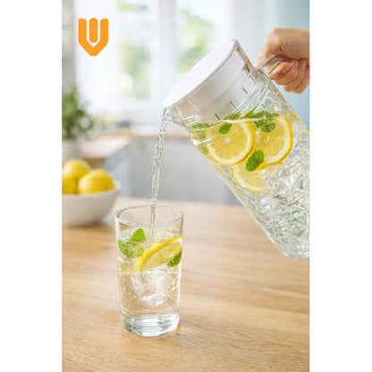 Jarra Vidrio Vintage Tapa Asa Vidrio Resistente Agua Jugo Transparente Diamante Batidos Bebidas Frías Cocina Mesa Hogar Servicio Diario Diseño Clásico Uso Familiar Capacidad Ampl