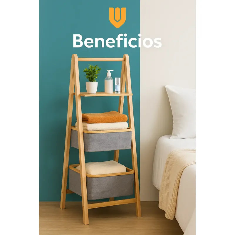 Vitrineon Mueble Bambu Organizador Baño Cestos Tela Estante Marrón Claro