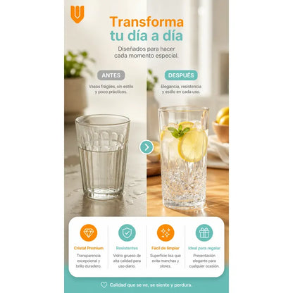 Set 6 Vasos Vidrio Altos 300 Ml Diseño Diamante Transparente Transparente Cristal Vidrio Claro Elegante Brillante Vaso Alto Set 6 Cócteles Jugos Bebidas Cocina Hogar Bar Uso