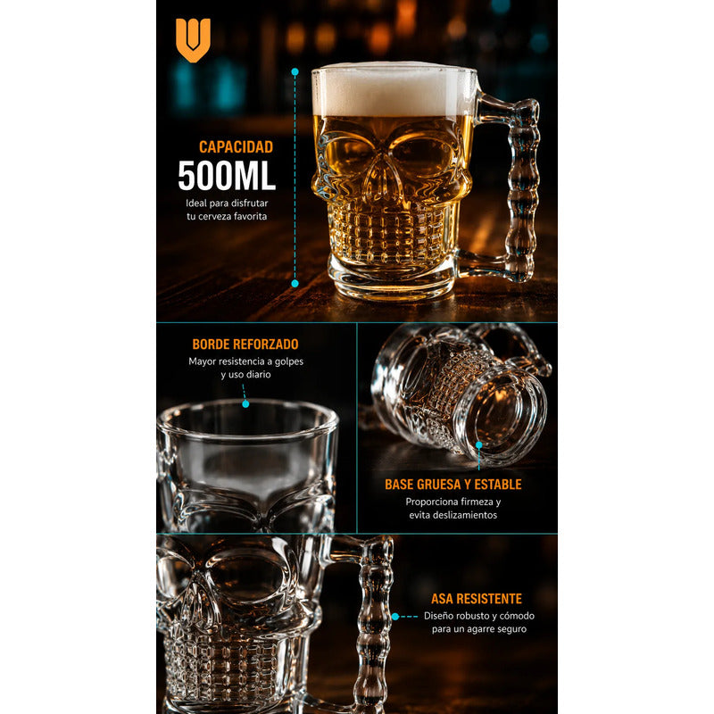12 Vasos Cerveceros Calavera Vidrio Shopero Premium Bar Transparente