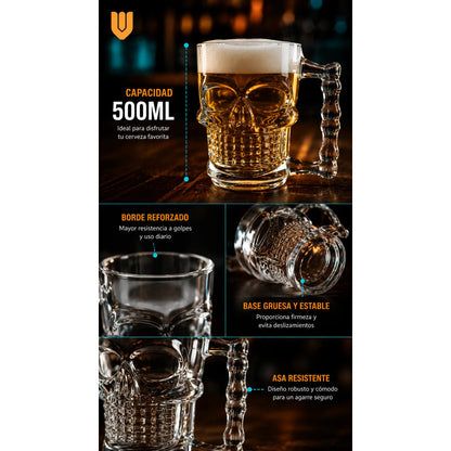 12 Vasos Cerveceros Calavera Vidrio Shopero Premium Bar Transparente