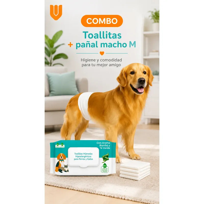 Combo Toallas Humedas 50und + Pañales Perro Macho M 12und Blanco Principal Combo Higiene Mascota Pañales Absorbentes Toallas Húmedas Perro Gato Limpieza Diaria Presentación Clara M