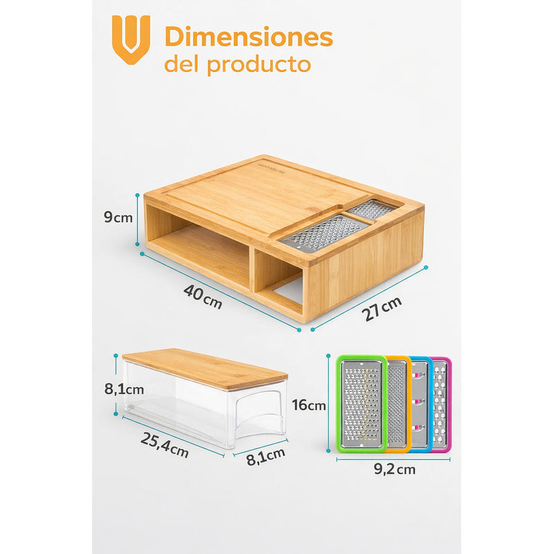 Tabla De Picar Vitrineon Bambu 40x27cm 4 Contenedores Liso Bambú