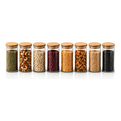 Frasco Vidrio Cocina Hermetico Cilindrico Tapa Bambu 250 Ml 8 Unidades