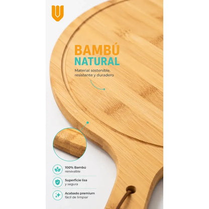 Tabla Bambu Pizza Picoteo Redonda Uso Hogar Cocina Resistent Bambú Natural Gourmet Artesanal Cocina Elegante Minimalista Rustico Premium Presentacion Pizza Picoteo Marron Natural Bambú Madera...