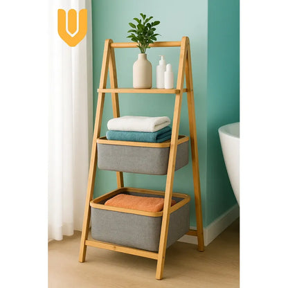 Mueble Organizador Baño Bambu Cestos Tela Repisa Toallas Mar Marrón Claro