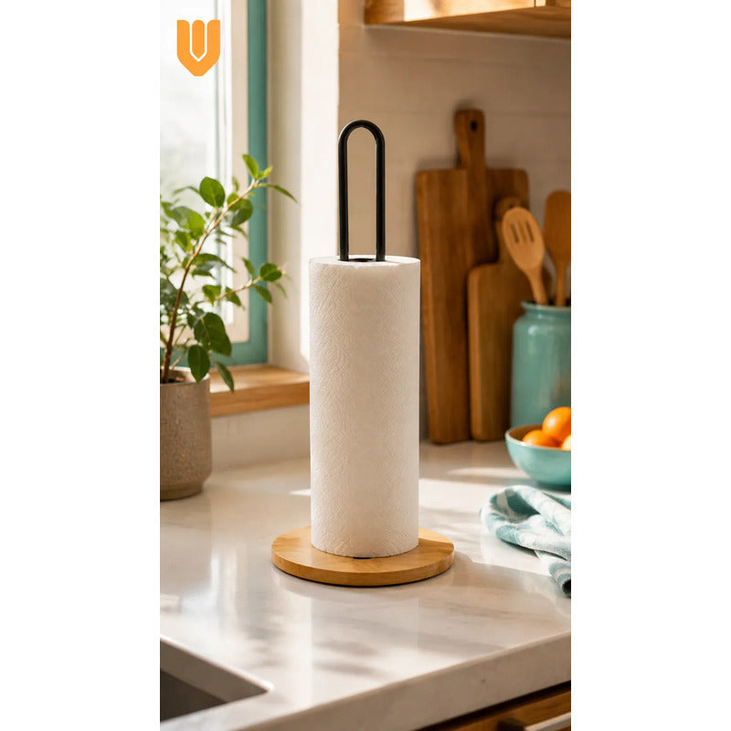 Soporte Toalla Nova Porta Rollo Toallas Papel Vertical Porta Toalla Nova Portarrollos Cocina Papel Absorbente Madera Metal Negro Vertical Sobremesa Base Circular