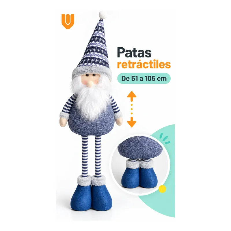 Muñeco Pascuero Navideño 105cm Retraible Decorativo Figura Blanco Pascuero Azul Muñeco Navideño Retráctil Patas Rayadas Altura Ajustable Gorro Nórdico Barba Blanca Decoración 105cm Pascuero Retraible